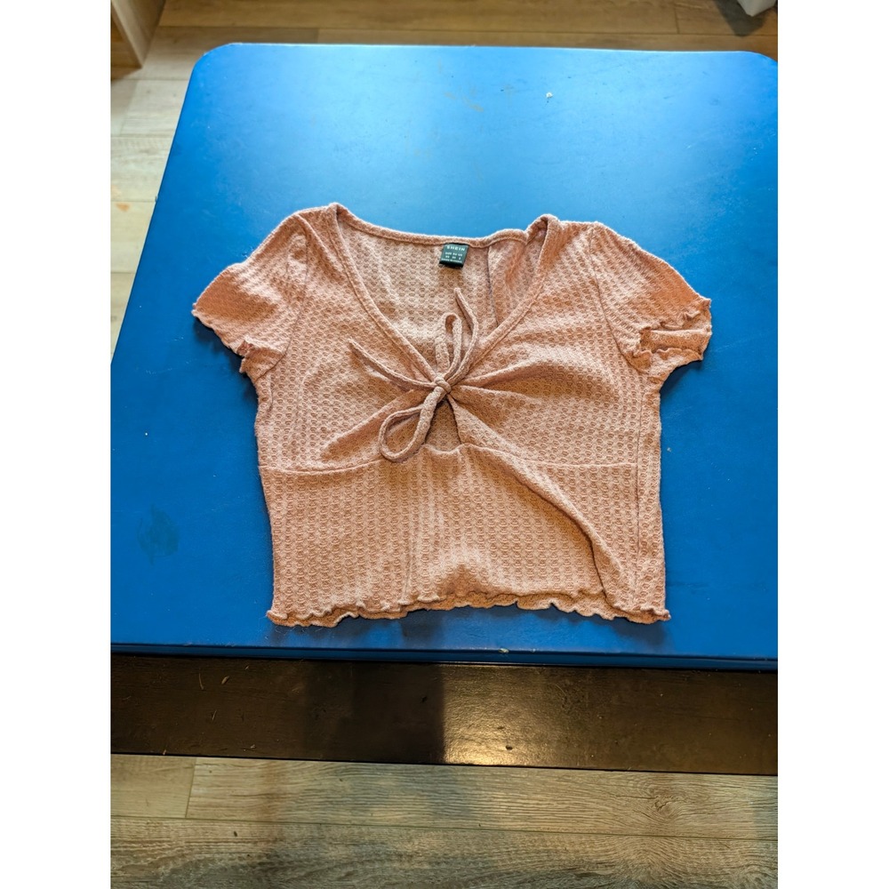 Shein Women Pink Waffle Knit Tie Front Crop Top Short Sleeve Lettuce Trim XS 2